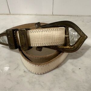 Vintage Style Cream Belt with Bronze Buckle and Pearl Inlay Details